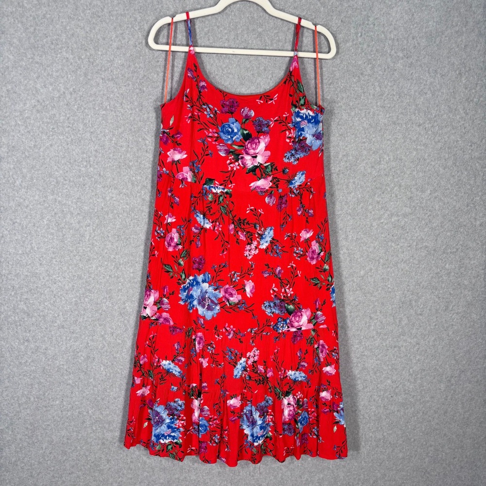 Miami‎ Gauze Floral Tiered Midi Dress Large Red Blue Feminine Resort Crinkle